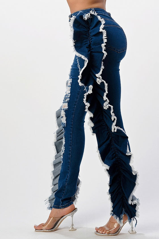 Ruffled Denim Skinny Jeans Blouse Fall   